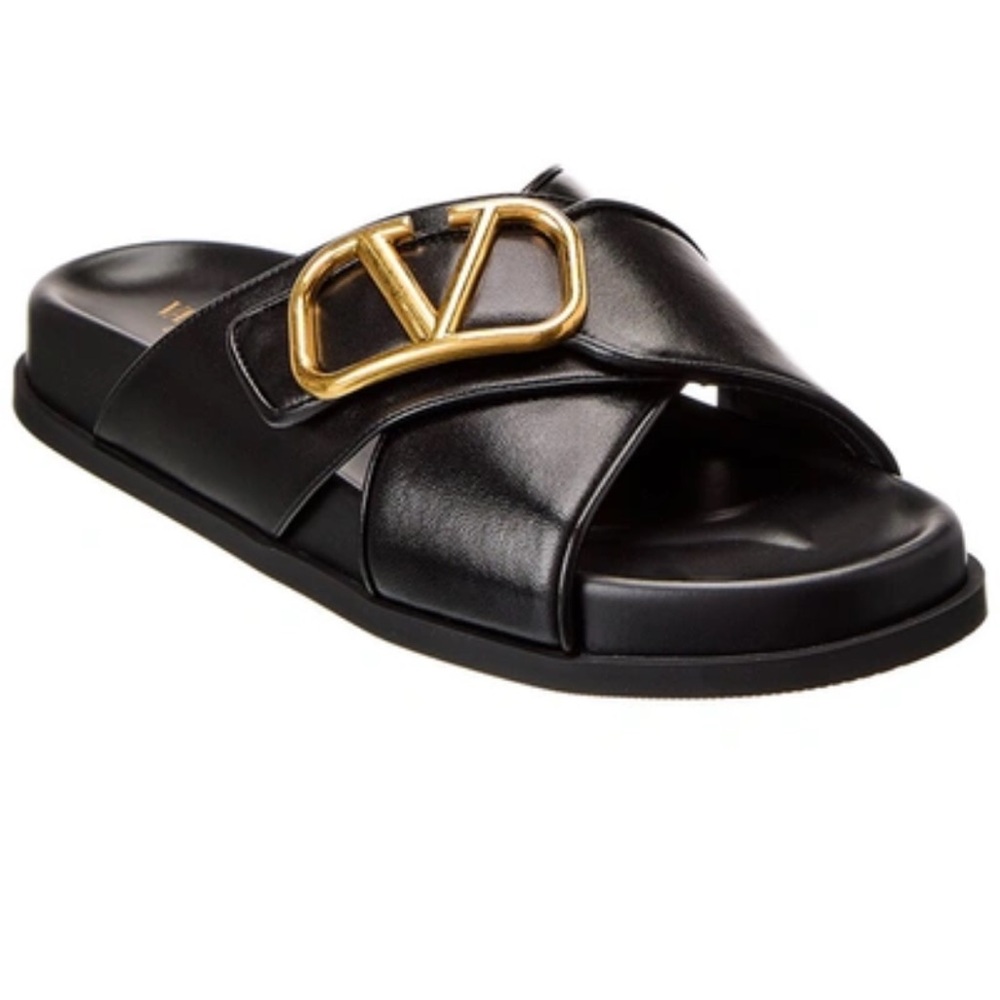 Authentic Valentino Garavani Black leather gold logo plate Slides Size 40 EUC! - Picture 2 of 16